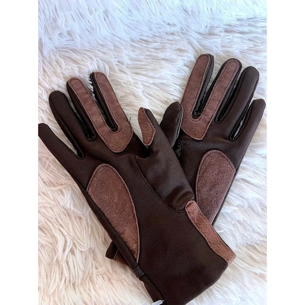 Brown Stretch Riding Gloves Faux Suede Genuine Leather Touchscreen Style Winter